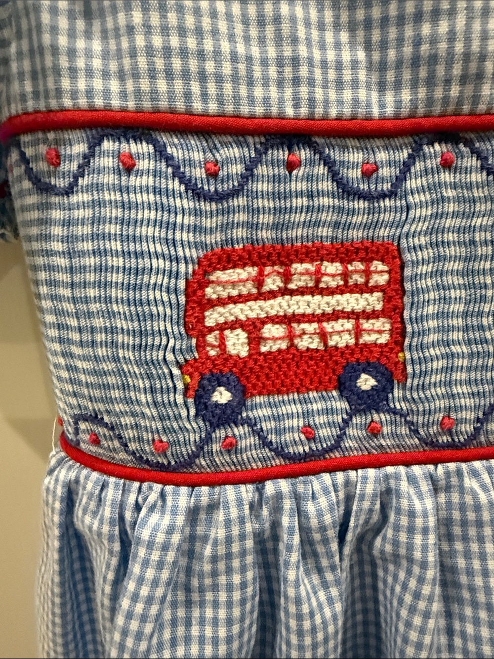 Little English Light Blue Gingham Dress with Smocked London Bus Detail - Picture 8 of 8